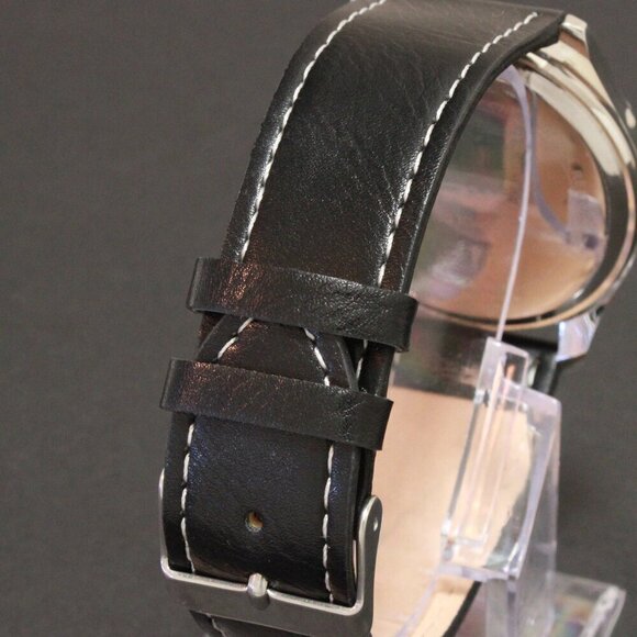 Men's Quartz Field Watch Silver Case Black Leather Strap 42mm - Picture 11 of 12